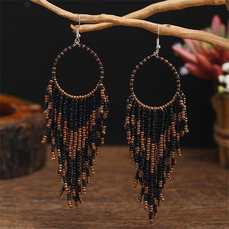 Dtja Boho Long Fringe Drop Dangle Statement Earrings for Women Girls Hademade Ball Beads Hoop Tassel Chain Woven Dangling Hook Chandelier Tribal Exaggerated Dream-catcher Jewelry - Image 3